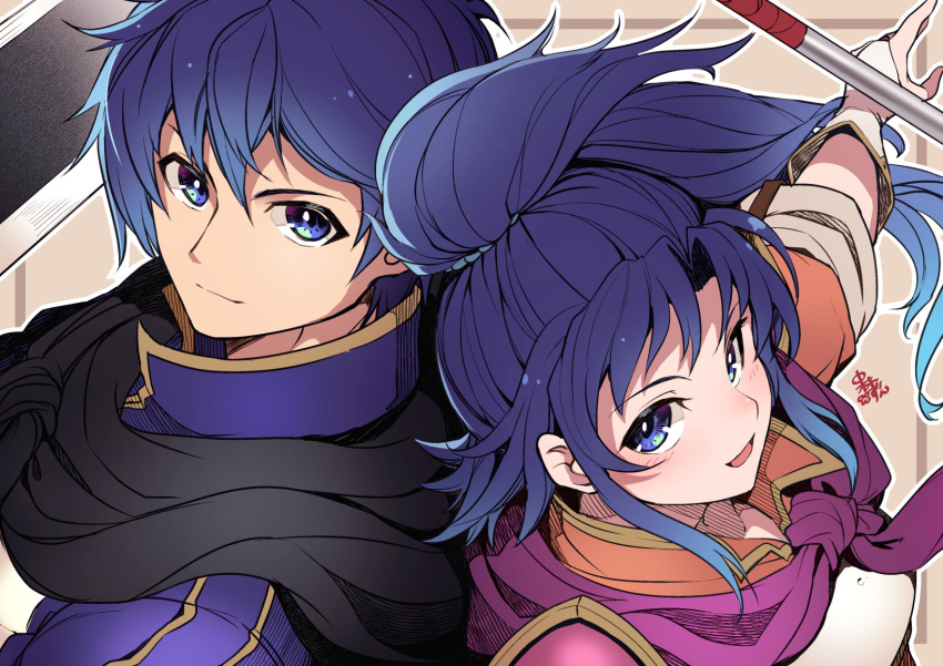 1boy 1girl blue_eyes blue_hair brother_and_sister closed_mouth female_my_unit_(fire_emblem:_shin_monshou_no_nazo) fire_emblem fire_emblem:_new_mystery_of_the_emblem fire_emblem:_shin_monshou_no_nazo fire_emblem_12 highres intelligent_systems kris_(fire_emblem) kris_(fire_emblem)_(female) kris_(fire_emblem)_(male) long_hair looking_to_the_side male_my_unit_(fire_emblem:_shin_monshou_no_nazo) my_unit_(fire_emblem:_shin_monshou_no_nazo) nakabayashi_zun nintendo open_mouth polearm ponytail short_hair siblings super_smash_bros. sword upper_body weapon