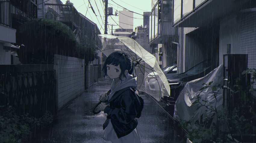 1girl brown_eyes car cityscape ground_vehicle highres holding holding_umbrella jacket long_sleeves motor_vehicle muted_color original outdoors overcast power_lines rain scenery smile solo transparent transparent_umbrella umbrella vehicle_request wang-xi