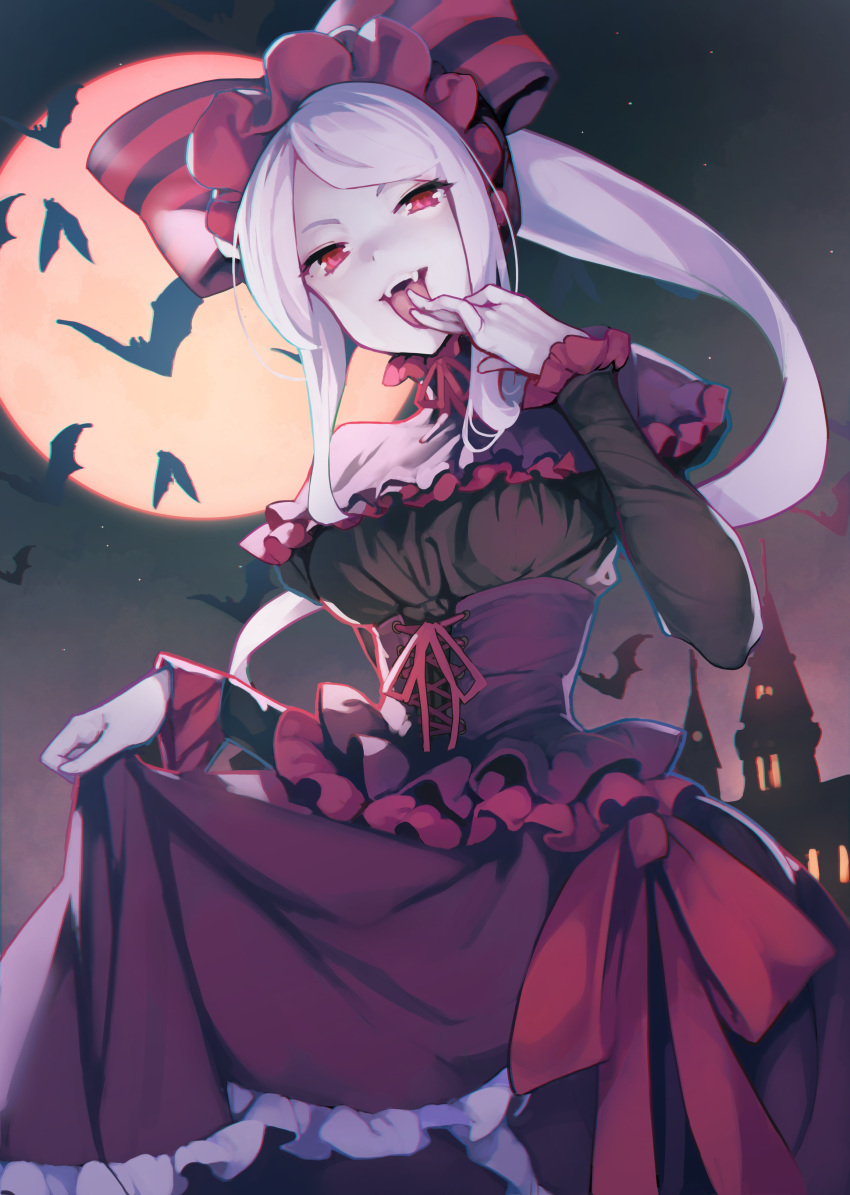 1girl :d absurdres ataruman bangs bat bow breasts capelet castle dress fangs finger_to_mouth frilled_dress frills full_moon gothic_lolita hair_bow hand_to_own_mouth highres holding_skirt lolita_fashion long_hair long_sleeves looking_at_viewer looking_down medium_breasts moon night night_sky open_mouth overlord_(maruyama) pale_skin ponytail purple_bow purple_dress red_eyes shalltear_bloodfallen silver_hair sky smile solo striped striped_bow swept_bangs teeth tongue tongue_out vampire very_long_hair