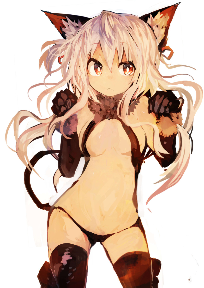 1girl absurdres animal_ears black_legwear breasts cat_ears cat_paws cat_tail closed_mouth fate/kaleid_liner_prisma_illya fate_(series) fur_trim gloves hair_ribbon highres illyasviel_von_einzbern kaamin_(mariarose753) long_hair paw_gloves paws red_eyes revealing_clothes ribbon simple_background small_breasts tail thigh-highs white_background white_hair