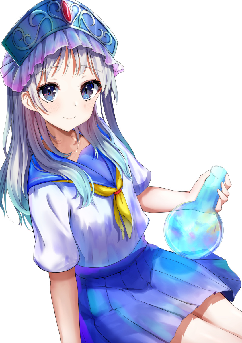 1girl atelier_(series) atelier_totori blue_hair blue_headwear blue_sailor_collar blue_skirt closed_mouth collarbone commentary_request garaudon gradient_hair grey_eyes grey_hair highres holding long_hair looking_at_viewer multicolored_hair neckerchief pleated_skirt round-bottom_flask sailor_collar school_uniform serafuku shirt short_sleeves simple_background sitting skirt smile solo totooria_helmold white_background white_shirt yellow_neckwear