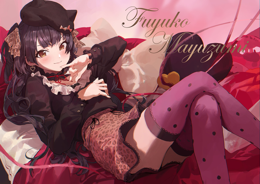 1girl animal_print bangs beret black_hair blouse blunt_bangs blush bow brown_eyes character_name choker crossed_legs earrings eyebrows_visible_through_hair fake_horns frilled_choker frills hair_bow hat heart heart_earrings horned_headwear horns idolmaster idolmaster_shiny_colors jewelry leopard_print long_hair looking_at_viewer mayuzumi_fuyuko miniskirt mossi pillow pinky_out polka_dot polka_dot_legwear sitting skirt smile solo thigh-highs two_side_up zettai_ryouiki