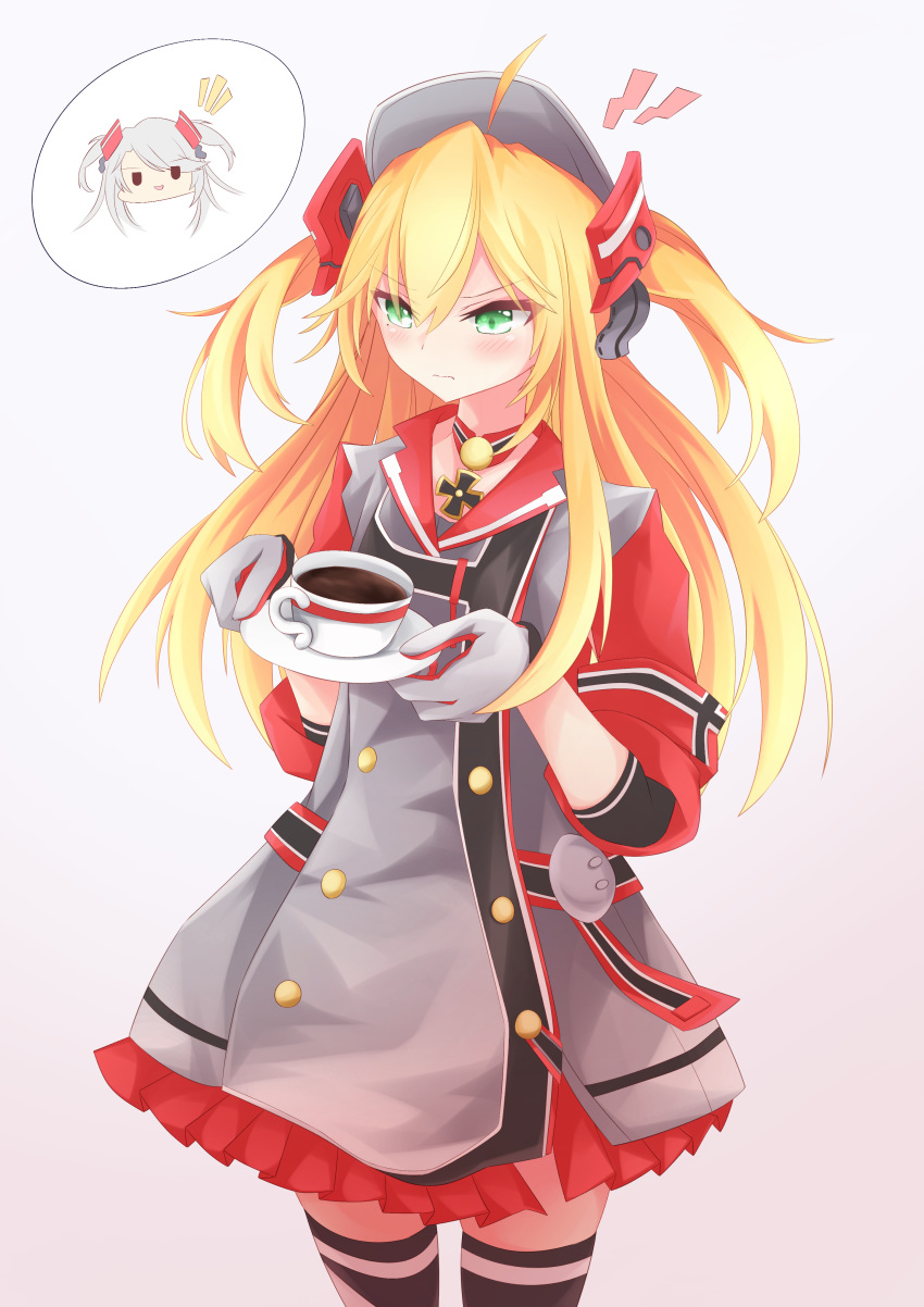 1girl absurdres admiral_hipper_(azur_lane) ahoge azur_lane bangs blonde_hair blush buttons choker closed_mouth coffee coffee_cup commentary_request cowboy_shot cup disposable_cup dress eyebrows_visible_through_hair flat_chest gloves green_eyes grey_background grey_dress grey_gloves hair_between_eyes hat headgear highres holding holding_tray iron_cross long_hair osatou_(soul_of_sugar) prinz_eugen_(azur_lane) red_sleeves short_sleeves sidelocks simple_background solo_focus standing thigh-highs tray two_side_up zettai_ryouiki