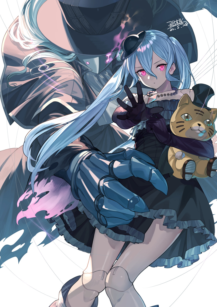 1boy 1girl absurdres armor black_dress black_headwear blue_hair clawed_gauntlets doll_joints dress elbow_gloves frilled_dress frills gauntlets gloves glowing glowing_eyes granblue_fantasy hair_between_eyes hat highres jewelry joints long_hair mask necklace parted_lips pink_eyes puppet puppet_strings purple_gloves seyana string stuffed_animal stuffed_toy twintails violet_eyes white_hair