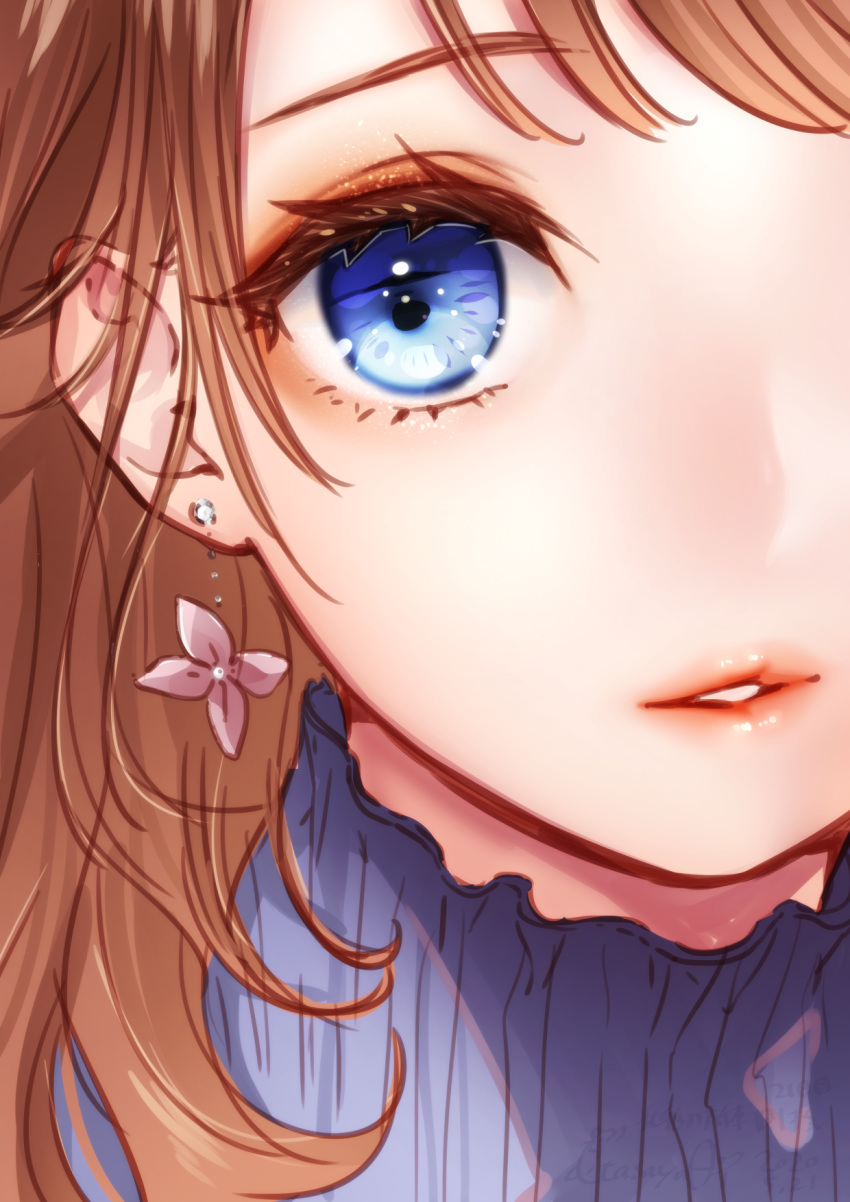 1girl bangs blue_eyes blue_shirt brown_hair close-up colored_eyelashes earrings eyebrows_visible_through_hair flower flower_earrings highres jewelry kitasaya_ai looking_at_viewer original parted_lips pink_flower portrait red_lips shirt solo