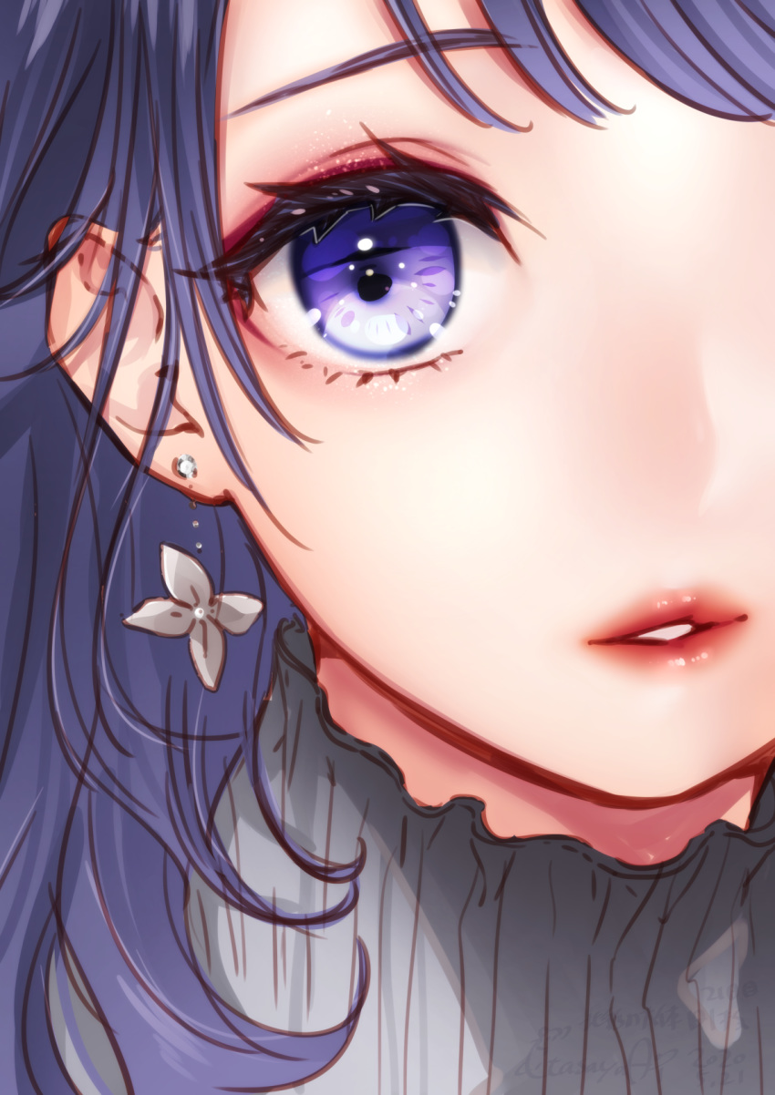 1girl bangs black_shirt close-up colored_eyelashes earrings eyebrows_visible_through_hair flower_earrings grey_flower highres jewelry kitasaya_ai looking_at_viewer original parted_lips portrait purple_hair red_lips shirt solo violet_eyes