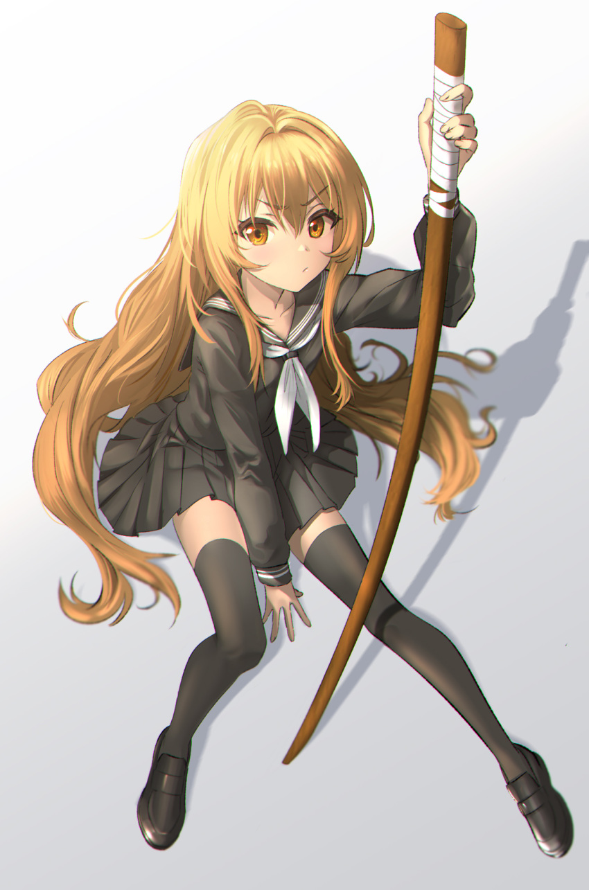 1girl aisaka_taiga bangs black_legwear black_shirt black_skirt blush breasts brown_footwear brown_hair collarbone eyebrows_visible_through_hair from_above frown full_body gou_d gradient gradient_background grey_background highres holding holding_sword holding_weapon knee_up long_hair looking_at_viewer neckerchief on_ground pleated_skirt sailor_collar shirt shoes sitting skirt small_breasts sword thigh-highs toradora! very_long_hair weapon wooden_sword