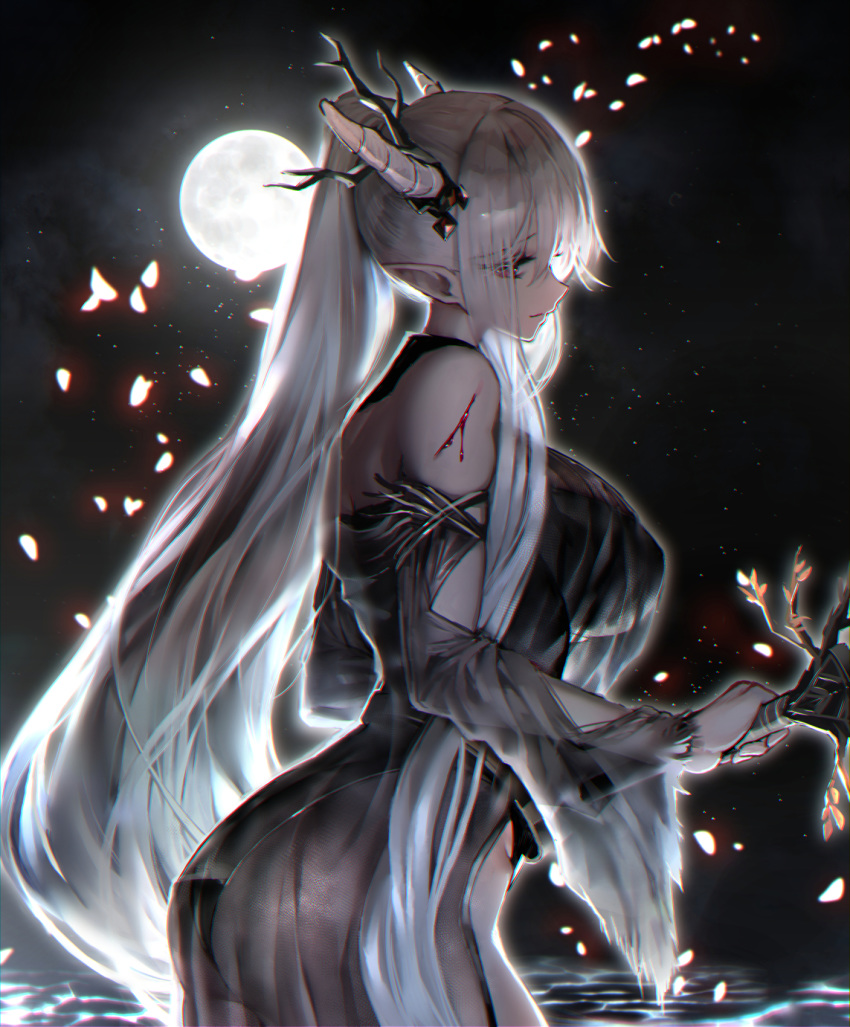 1girl arknights bangs bare_shoulders bleeding blood commentary cuts eyebrows_visible_through_hair from_side full_moon highres holding holding_staff horns injury long_hair long_ponytail long_sleeves looking_at_viewer moon pointy_ears ponytail profile shining_(arknights) silver_hair solo staff sugawo very_long_hair wide_sleeves