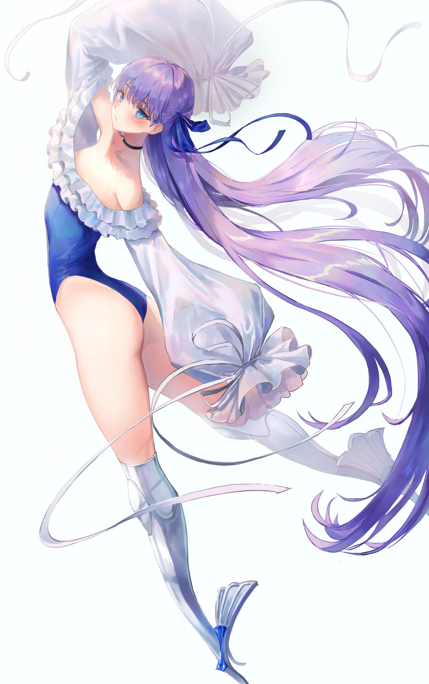 1girl absurdres ass bangs bare_shoulders blue_eyes blue_ribbon blush breasts choker collarbone fate/grand_order fate_(series) frills greaves hair_ribbon highleg highleg_swimsuit highres legs long_hair long_sleeves looking_at_viewer looking_back meltryllis meltryllis_(swimsuit_lancer)_(fate) off-shoulder_swimsuit one-piece_swimsuit pigonhae prosthesis prosthetic_leg puffy_sleeves purple_hair ribbon sleeves_past_fingers sleeves_past_wrists small_breasts swimsuit thighs very_long_hair white_ribbon