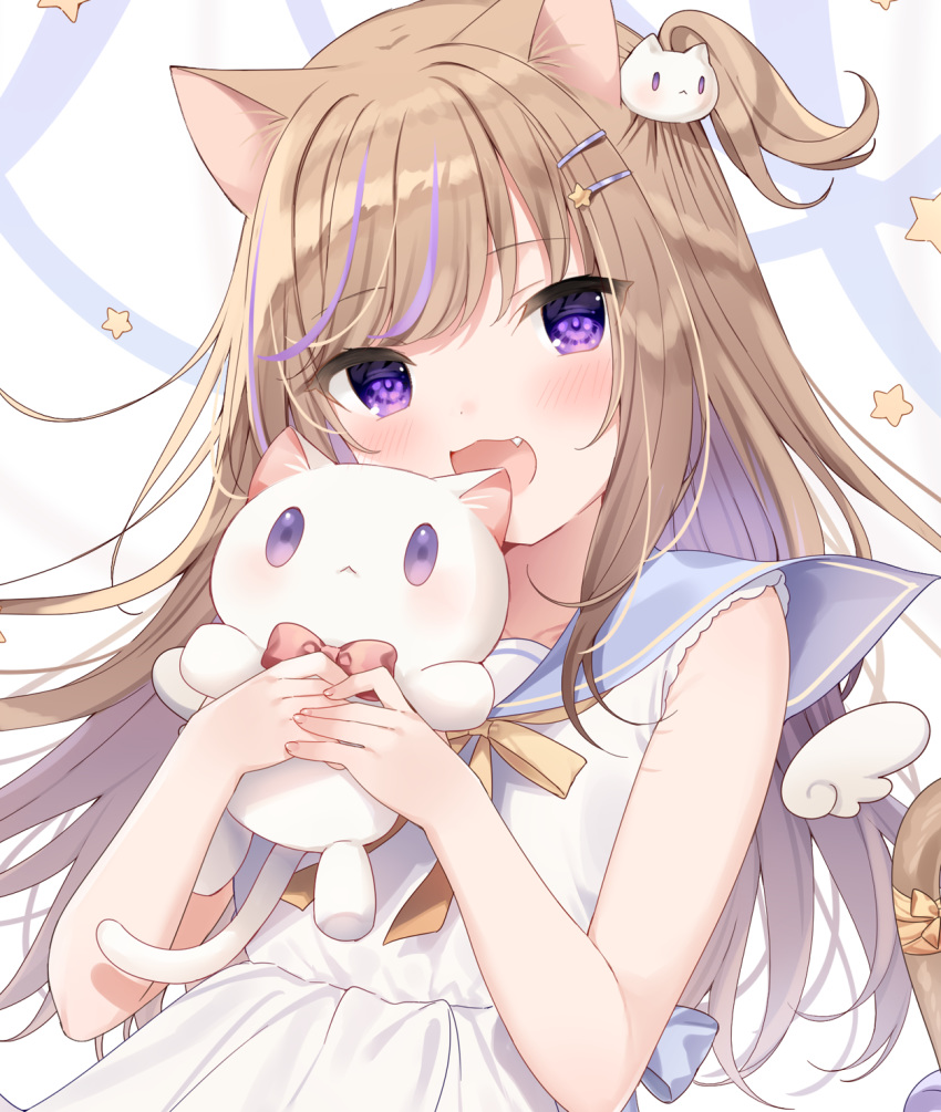 1girl :3 :d animal_ear_fluff animal_ears bangs bare_arms bare_shoulders blue_sailor_collar blush bow bowtie brown_hair cat_ears cat_girl cat_hair_ornament cat_tail commentary_request detached_wings dress eyebrows_visible_through_hair fang hair_ornament hairclip hands_up highres holding holding_stuffed_animal leo_(mafuyu) looking_at_viewer mafuyu_(chibi21) mini_wings multicolored_hair one_side_up open_mouth original purple_hair red_neckwear sailor_collar sailor_dress sleeveless sleeveless_dress smile solo star_(symbol) star_hair_ornament streaked_hair stuffed_animal stuffed_cat stuffed_toy tail tail_bow tail_raised violet_eyes white_background white_dress white_wings wings yellow_bow