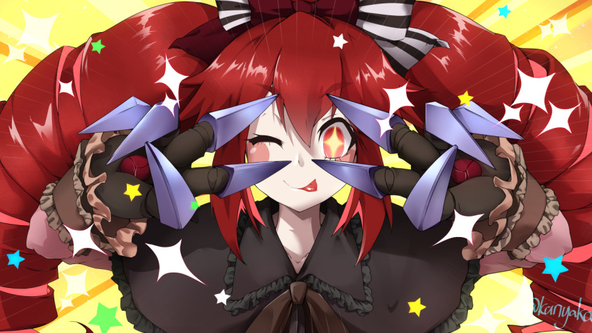 +_+ blush_stickers bow capelet claw_(weapon) claws doll_joints double_v drill_hair emotional_engine_-_full_drive frills hair_bow hakuu_kanaka joints long_hair long_sleeves micha_jawkan multicolored_hair one_eye_closed pink_hair red_eyes redhead senki_zesshou_symphogear sharp_teeth sparkle star_(symbol) teeth tongue tongue_out twin_drills two-tone_hair upper_body v very_long_hair weapon