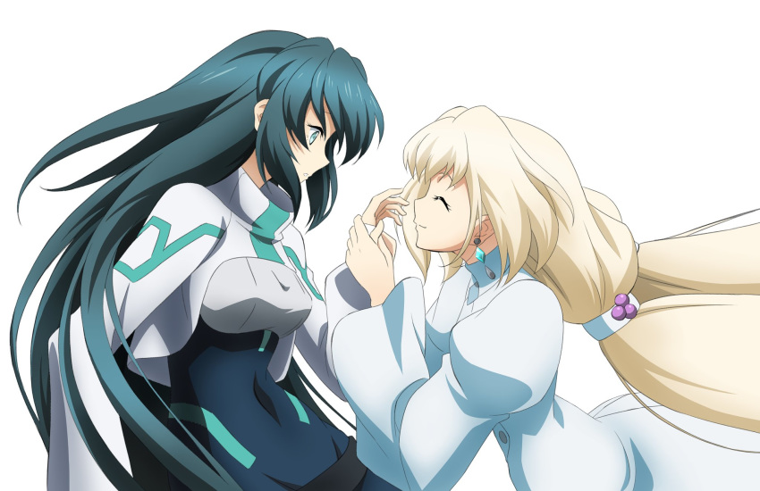 2girls aqua_eyes bangs black_hair blonde_hair breasts closed_eyes commentary covered_navel eve_(gundam_build_divers_re:rise) eyebrows_visible_through_hair gundam gundam_build_divers gundam_build_divers_re:rise highres holding_hands kumichou_(ef65-1118-ef81-95) long_hair low-tied_long_hair may_(gundam_build_divers_re:rise) medium_breasts multiple_girls open_mouth white_background