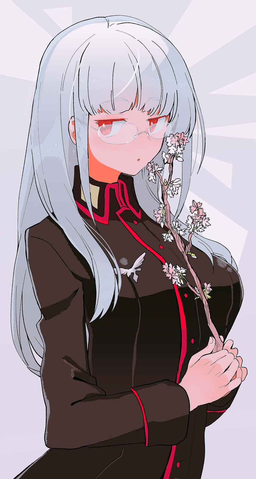 1girl absurdres eyebrows_visible_through_hair flower glasses heidimarie_w_schnaufer highres holding holding_flower ika_(hinatu1992) looking_to_the_side military military_uniform open_mouth red_eyes silver_hair solo strike_witches uniform world_witches_series