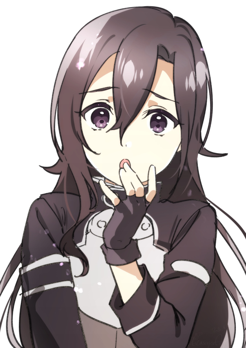 1boy :o bangs black_coat black_eyes black_gloves black_hair breastplate coat eyebrows_visible_through_hair fingerless_gloves gloves hair_between_eyes hand_to_own_mouth hand_up highres kirito_(sao-ggo) kitasaya_ai long_hair long_sleeves looking_at_viewer male_focus parted_lips simple_background solo sword_art_online upper_body white_background