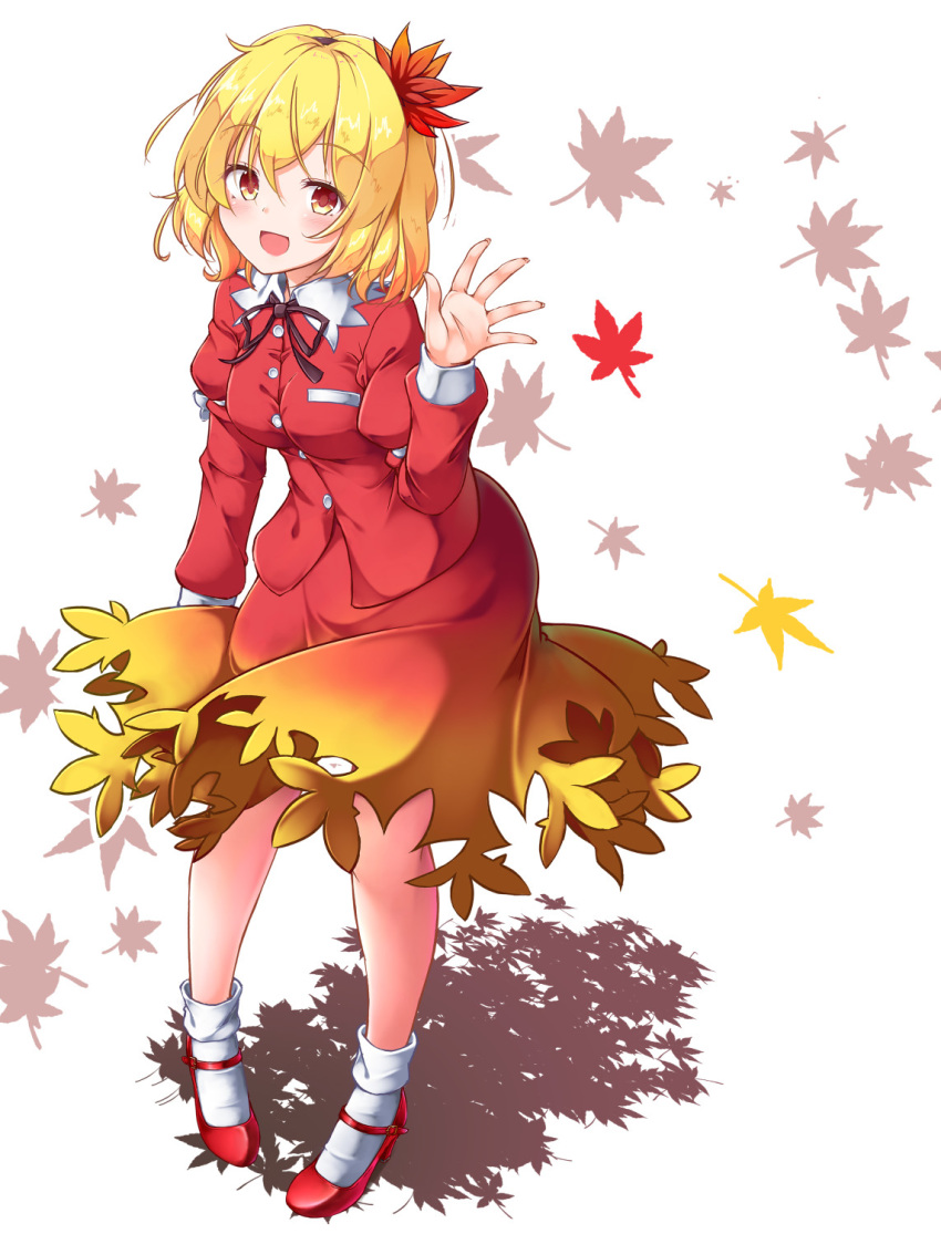 1girl aka_tawashi aki_shizuha autumn_leaves blonde_hair blush breasts collared_shirt eyebrows_visible_through_hair gradient_clothes gradient_skirt hair_ornament hairband high_heels highres leaf leaf_hair_ornament legs looking_at_viewer maple_leaf open_mouth red_footwear red_shirt red_skirt shirt short_hair skirt smile socks strappy_heels touhou waving white_background white_legwear wide_hips yellow_eyes