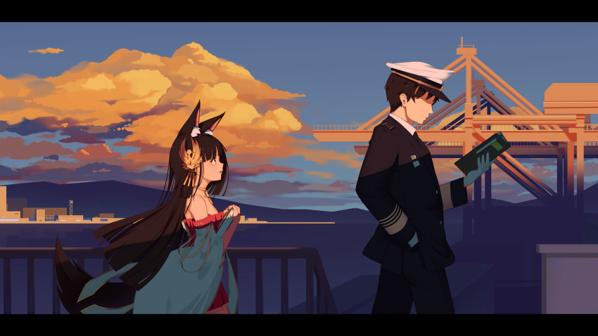 1boy 1girl absurdres animal_ear_fluff animal_ears azur_lane bangs black_hair black_jacket black_pants blue_sky book brown_eyes building clouds commander_(azur_lane) commentary_request dalian_(1457091741) day detached_sleeves dress faceless faceless_male from_side gloves hair_ornament hand_in_pocket harbor hat highres holding holding_book jacket long_hair long_sleeves military military_uniform nagato_(azur_lane) naval_uniform neck_ribbon open_book outdoors pants parted_lips peaked_cap profile railing reading red_dress ribbon sky smile strapless strapless_dress sunlight tail uniform very_long_hair white_gloves white_headwear wide_hips yellow_neckwear yellow_ribbon