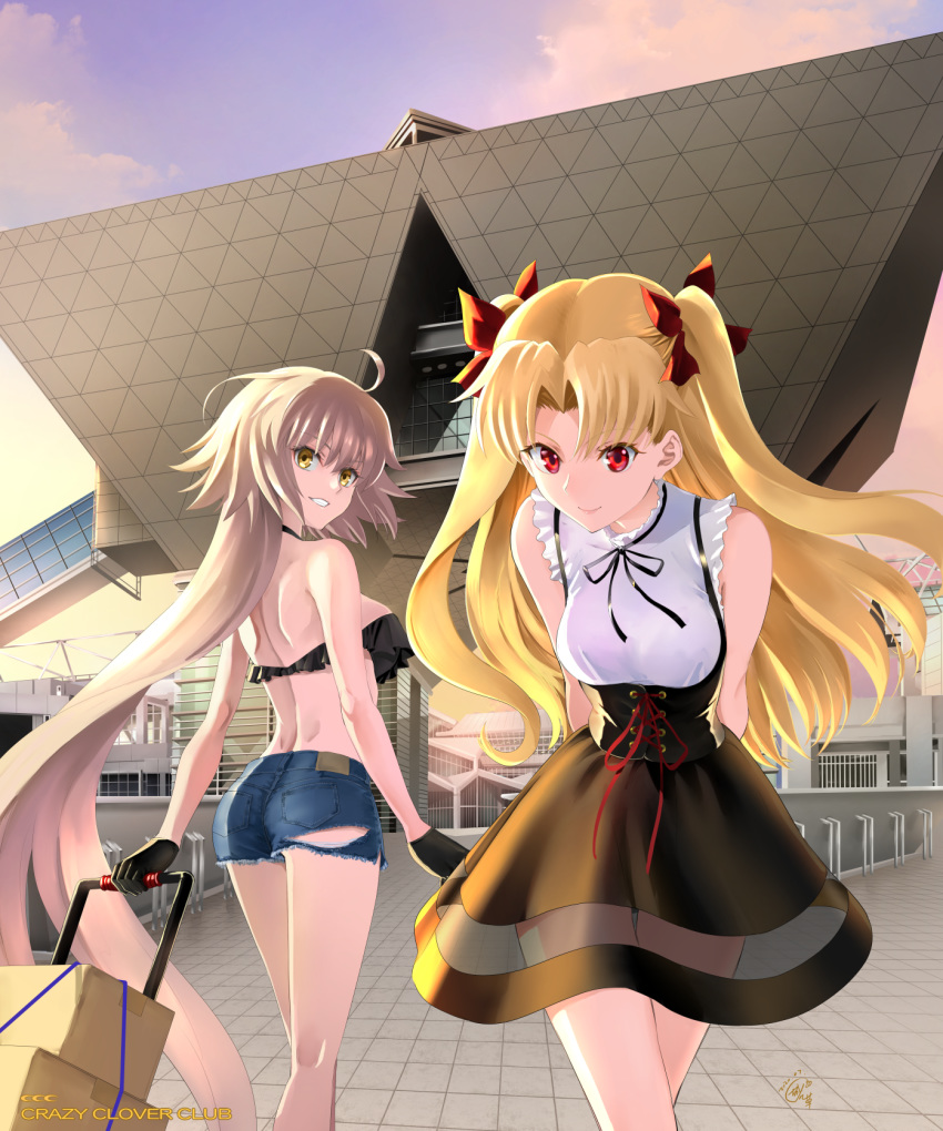 2girls ahoge arms_behind_back ass back bandeau bangs bare_shoulders black_gloves black_skirt blonde_hair blue_shorts blush box breasts closed_mouth cutoffs denim denim_shorts ereshkigal_(fate/grand_order) fate/grand_order fate_(series) gloves gradient_sky grin highres jeanne_d'arc_(alter)_(fate) jeanne_d'arc_(fate)_(all) large_breasts long_hair looking_at_viewer looking_back medium_breasts multiple_girls parted_bangs purple_sky shirotsumekusa shirt short_shorts shorts silver_hair skirt sky sleeveless sleeveless_shirt smile thighs tokyo_big_sight twilight two_side_up very_long_hair white_shirt yellow_eyes