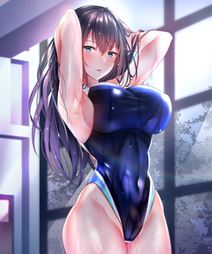 1girl arms_behind_head bangs black_hair black_swimsuit blue_eyes blush breasts competition_swimsuit covered_navel cowboy_shot hame_x_tore highres indoors large_breasts long_hair looking_at_viewer one-piece_swimsuit open_mouth parted_lips solo swimsuit tree wet wet_clothes wet_swimsuit window yuyu_(yuyuworks)