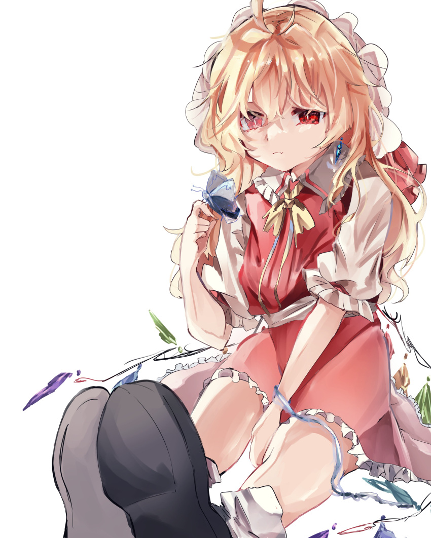 1girl absurdres ahoge alternate_hairstyle blonde_hair bug butterfly butterfly_on_hand crystal dress eyebrows_behind_hair fang flandre_scarlet fura_(wind_rahu) hair_down hand_up hat highres long_hair mob_cap perspective puffy_short_sleeves puffy_sleeves red_dress red_eyes short_sleeves simple_background sitting skin_fang solo touhou white_background wings