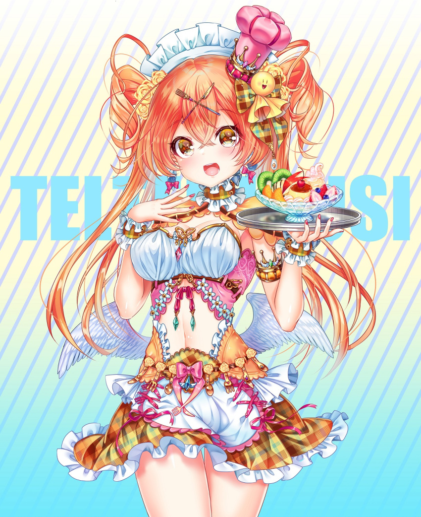 1girl apple_slice artist_name blueberry breasts brown_eyes candy cherry earrings food fruit hair_ornament highres jewelry kiwi_slice large_breasts long_hair looking_at_viewer midriff nail_polish navel orange orange_hair orange_slice original pudding smile solo strawberry sweets teltelhousi twintails very_long_hair waitress white_wings wings