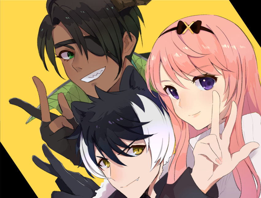 3boys 9okonoe :d animal_ears aragami_ouga bangs black_hair closed_mouth dark_skin dark_skinned_male dog_ears eyepatch fang fang_out green_eyes grin hairband holostars horns indoors jewelry kageyama_shien long_hair looking_at_viewer male_focus multicolored_hair multiple_boys one_eye_covered open_mouth otoko_no_ko pink_hair sharp_teeth short_hair single_horn smile streaked_hair sweater teeth tsukishita_kaoru v violet_eyes virtual_youtuber white_hair yellow_eyes