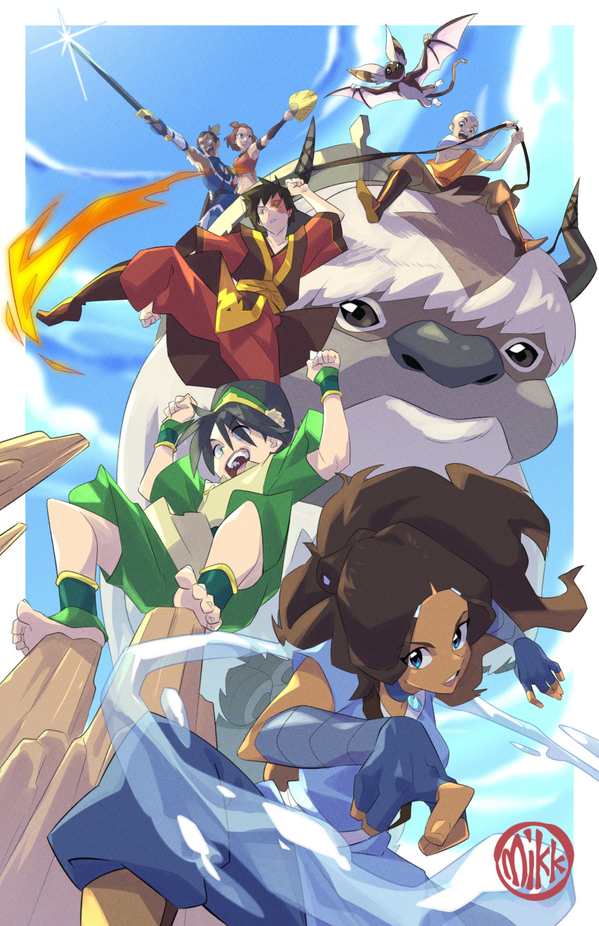 3boys 3girls aang absurdres appa avatar:_the_last_airbender avatar_(series) black_hair blonde_hair blue_sky brown_hair burn_scar dark_skin element_bending fan fighting_stance fire highres horns ishmaiah_dado katara lens_flare looking_at_viewer momo_(avatar) multiple_boys multiple_girls open_mouth riding rock saddle scar sky sokka suki sword toph_bei_fong water weapon zuko