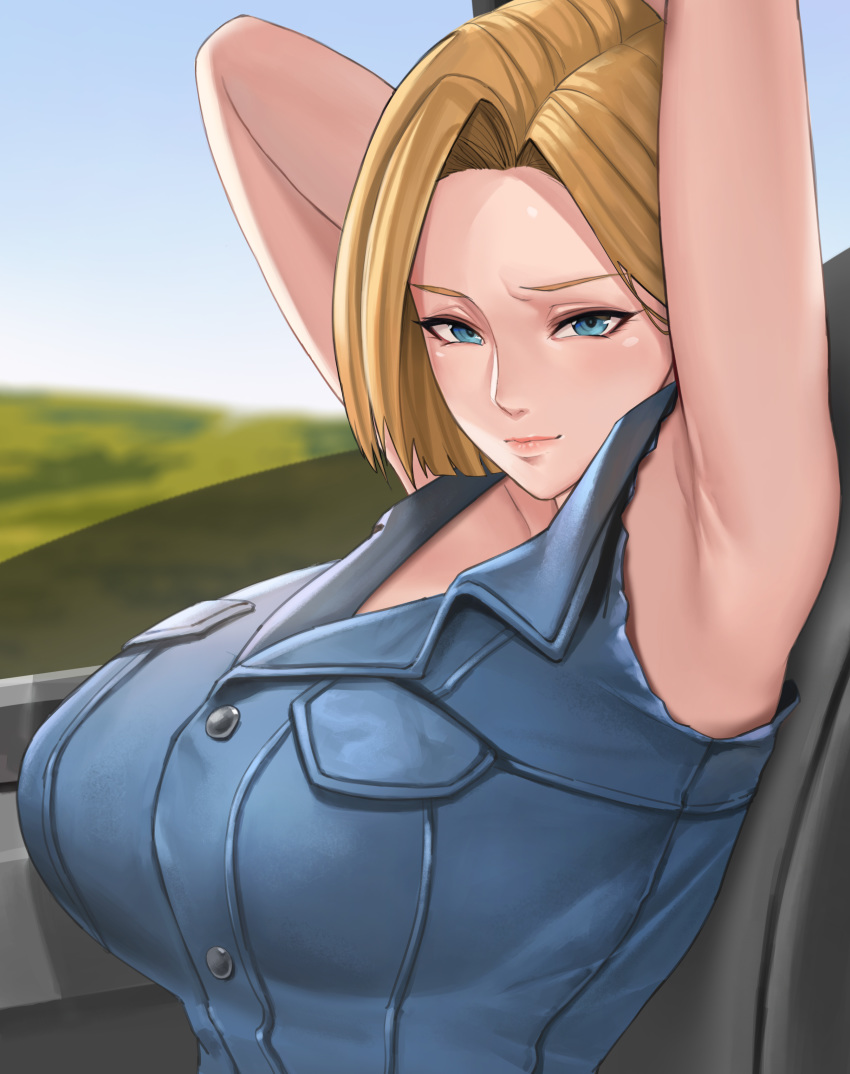 1girl absurdres android_18 armpits arms_arc arms_behind_head blonde_hair blue_eyes blue_shirt blue_sky blurry blurry_background breasts car_interior closed_mouth collared_shirt denim dragon_ball dragon_ball_z dress_shirt fle_en highres large_breasts looking_at_viewer pink_lips shirt short_hair sitting sky sleeveless sleeveless_shirt