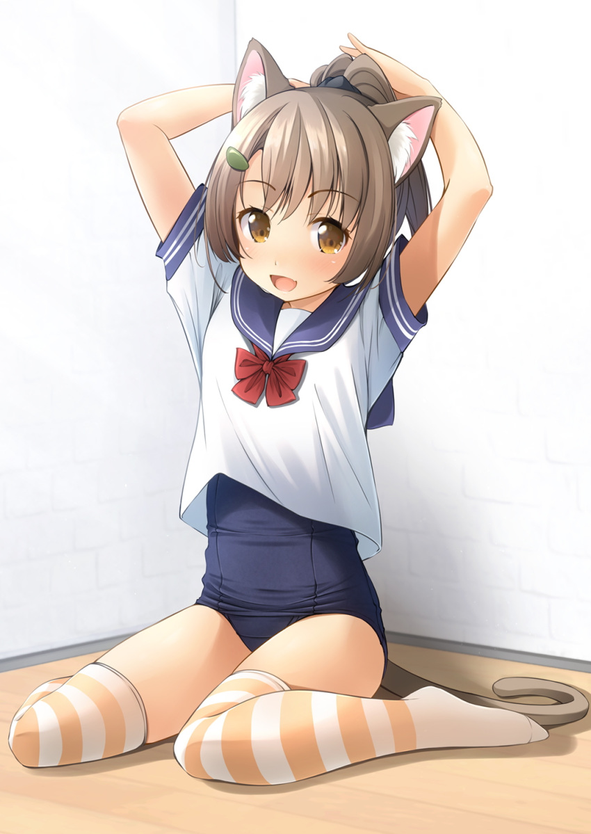 1girl animal_ears blue_sailor_collar blue_swimsuit bow brown_eyes brown_hair cat_ears cat_tail commentary_request corner full_body highres long_hair looking_at_viewer no_pants old_school_swimsuit original ponytail red_bow sailor_collar sailor_shirt school_swimsuit school_uniform serafuku shibacha shirt sitting smile solo striped striped_legwear swimsuit swimsuit_under_clothes tail thigh-highs wariza