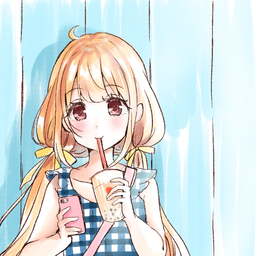 1girl :3 ahoge arms_up bangs blue_dress blush bubble_tea closed_mouth collarbone commentary cup dress eye_color_request futaba_anzu highres holding holding_cup holding_phone idolmaster idolmaster_cinderella_girls idolmaster_cinderella_girls_starlight_stage long_hair looking_at_viewer phone pink_strap plaid plaid_dress purse_strap ribbon rino_cnc sleeveless sleeveless_dress smile solo strap twintails upper_body very_long_hair yellow_ribbon