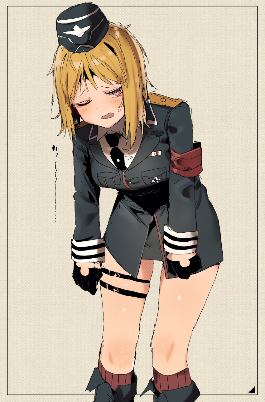 1girl absurdres akitaka_takaaki armband blonde_hair blush garrison_cap girls_frontline gloves hat highres leaning_forward leaning_over military military_uniform mp40_(girls_frontline) one_eye_closed short_hair sketch skindentation solo sweat tan_background thigh_strap uniform wing_collar