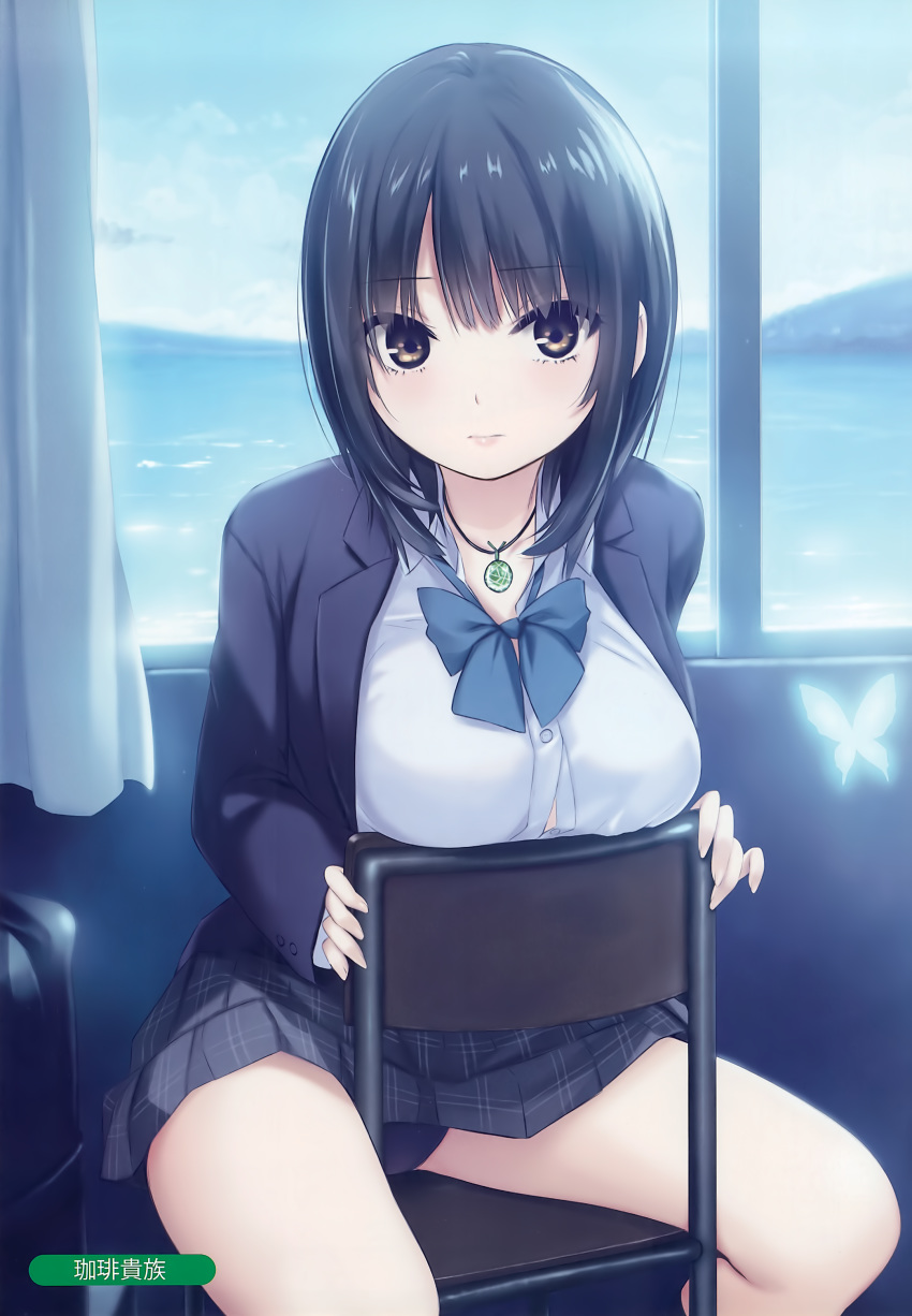 1girl absurdres bangs blazer bow breasts coffee-kizoku day highres indoors jacket large_breasts looking_at_viewer open_clothes shiny shiny_hair short_hair simple_background sitting skirt solo window