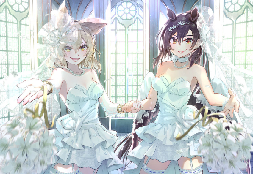 2girls alternate_costume animal_ears bare_arms bare_shoulders blonde_hair blurry_foreground bracelet brown_hair closed_mouth commentary_request dress flower hair_between_eyes holding_hands horse_ears indoors jewelry jpeg_artifacts kurokoma_saki leg_garter lips long_hair looking_at_viewer low_wings medium_hair multiple_girls necklace pearl_necklace pointy_hair reaching_out red_eyes ring short_dress smile standing syuri22 touhou toyosatomimi_no_miko wedding_band wedding_dress white_dress white_flower window wings yellow_eyes