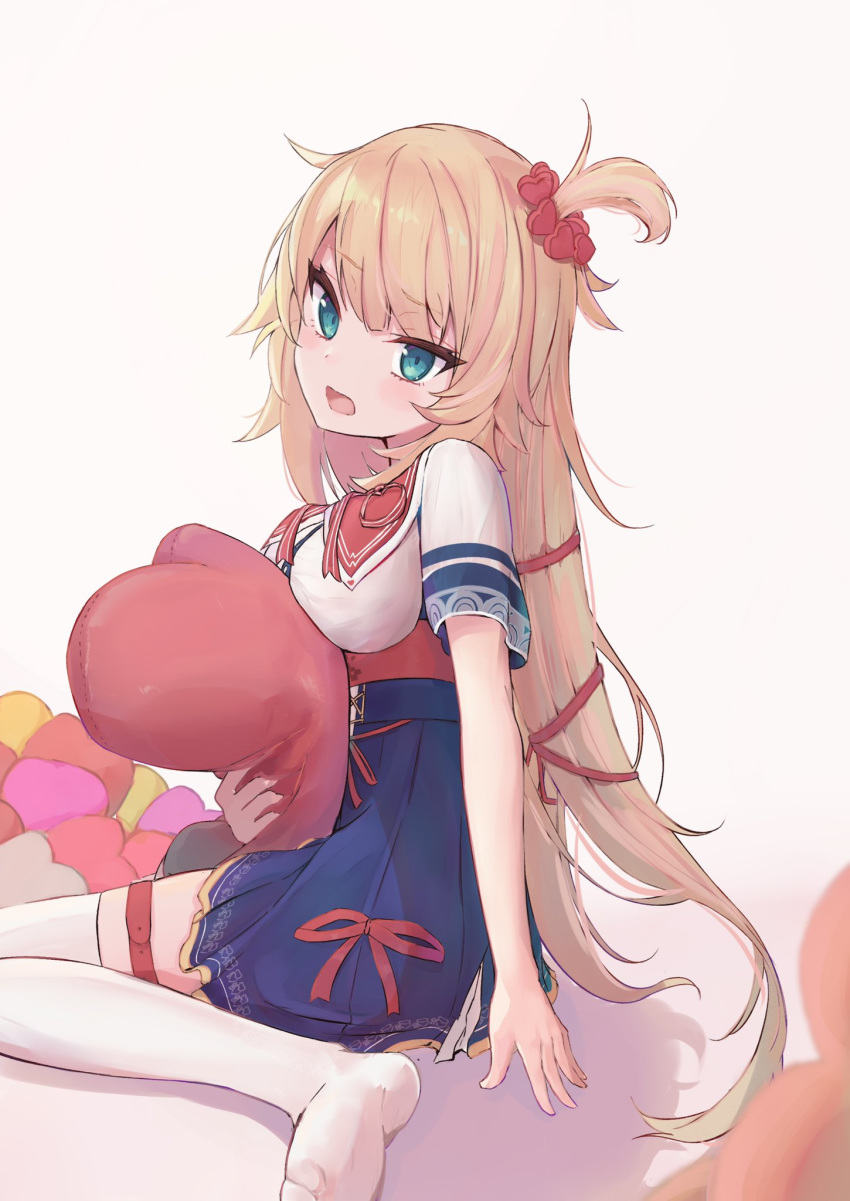 1girl akai_haato blonde_hair blue_eyes blue_skirt blush breasts commentary eyebrows_visible_through_hair full_body grey_background hair_ornament hair_ribbon heart heart_hair_ornament heart_pillow high-waist_skirt highres holding holding_pillow hololive hota_k long_hair looking_at_viewer medium_breasts miniskirt neck_ribbon open_mouth pillow pleated_skirt red_ribbon ribbon shirt short_sidetail short_sleeves simple_background sitting skirt solo thigh-highs thigh_strap virtual_youtuber wariza white_legwear white_shirt