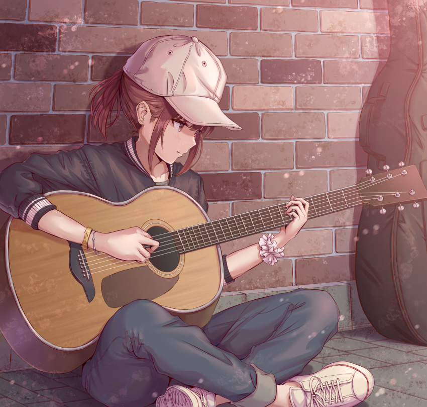 1girl acoustic_guitar against_wall baseball_cap black_shirt blush brick_wall brown_eyes brown_hair closed_mouth commentary_request denim guitar guitar_case hat hirokazu_(analysis-depth) indian_style instrument instrument_case jeans looking_at_viewer music on_floor original pants playing_instrument ponytail scrunchie shirt shoes short_hair sidelocks sitting smile sneakers solo stone_floor white_footwear white_headwear wrist_scrunchie wristband