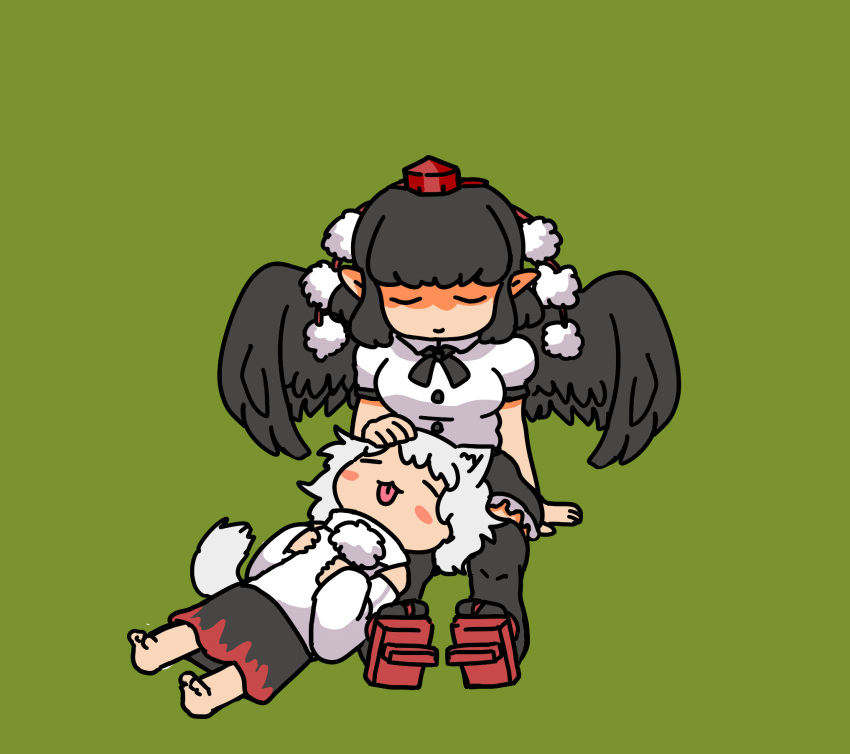 2girls :3 =_= afei_(sfma3248) animal_ears bare_shoulders barefoot bird_wings black_keys black_ribbon black_skirt black_wings blush_stickers chinese_commentary closed_eyes collared_shirt commentary_request detached_sleeves geta green_background hand_on_another's_head hands_on_own_chest hat highres inubashiri_momiji lying medium_skirt multicolored multicolored_clothes multicolored_skirt multiple_girls on_back petting pom_pom_(clothes) puffy_short_sleeves puffy_sleeves red_footwear red_skirt ribbon shameimaru_aya shirt short_hair short_sleeves simple_background sitting skirt sleeping smile tail tengu-geta thigh-highs tokin_hat tongue tongue_out touhou white_hair white_shirt wings wolf_ears wolf_tail