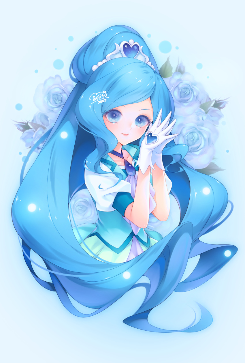 1girl 2020 aoi_itou blue_background blue_eyes blue_flower blue_hair blue_neckwear blue_rose blue_theme blue_vest choker closed_mouth cure_fontaine floral_background flower gloves hair_ornament hands_together healin'_good_precure heart heart_hair_ornament highres long_hair looking_at_viewer magical_girl ponytail precure rose sawaizumi_chiyu signature simple_background skirt smile solo upper_body vest white_gloves white_skirt