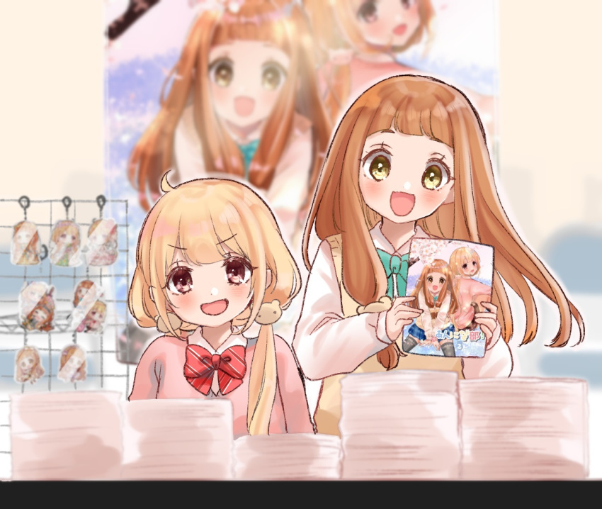 2girls :d aqua_bow aqua_neckwear bangs blonde_hair blush bow bowtie cat_hair_ornament character_request collar furrowed_eyebrows futaba_anzu hair_ornament holding idolmaster idolmaster_cinderella_girls long_hair long_sleeves looking_at_viewer multiple_girls open_mouth paper_stack pink_shirt poster rack rino_cnc school_uniform shirt smile twintails very_long_hair vest white_collar yellow_eyes yellow_vest