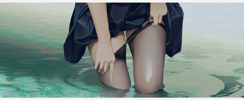 1girl black_legwear chinese_commentary commentary_request fine_fabric_emphasis highres lifted_by_self original pantyhose pantyhose_pull qizhu reference_work removing_legwear school_uniform skirt skirt_lift wading water_surface wet