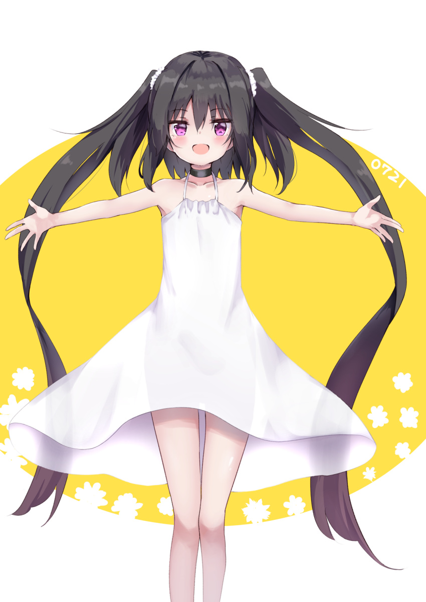 1girl :d amano_kouki bangs bare_arms bare_shoulders black_choker black_hair blush choker collarbone commentary_request dated dress eyebrows_visible_through_hair hair_between_eyes highres long_hair looking_at_viewer note-chan open_mouth original outstretched_arms sleeveless sleeveless_dress smile solo spread_arms standing two-tone_background two_side_up very_long_hair violet_eyes white_background white_dress yellow_background