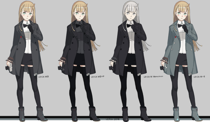 1girl 2018 adjusting_neckwear ankle_boots artist_name black_coat black_footwear black_gloves black_legwear black_skirt blonde_hair boots bow bowtie bright_pupils camera coat collared_shirt contrapposto dated double-breasted gloves green_eyes grey_background grey_coat grey_eyes grey_footwear grey_hair grey_legwear grey_shirt high_heel_boots high_heels highres holding holding_camera long_hair long_sleeves looking_at_viewer miniskirt multiple_views original pantyhose parted_lips pencil_skirt shirt simple_background single_glove skirt standing thigh-highs vofan white_pupils white_shirt wing_collar zettai_ryouiki