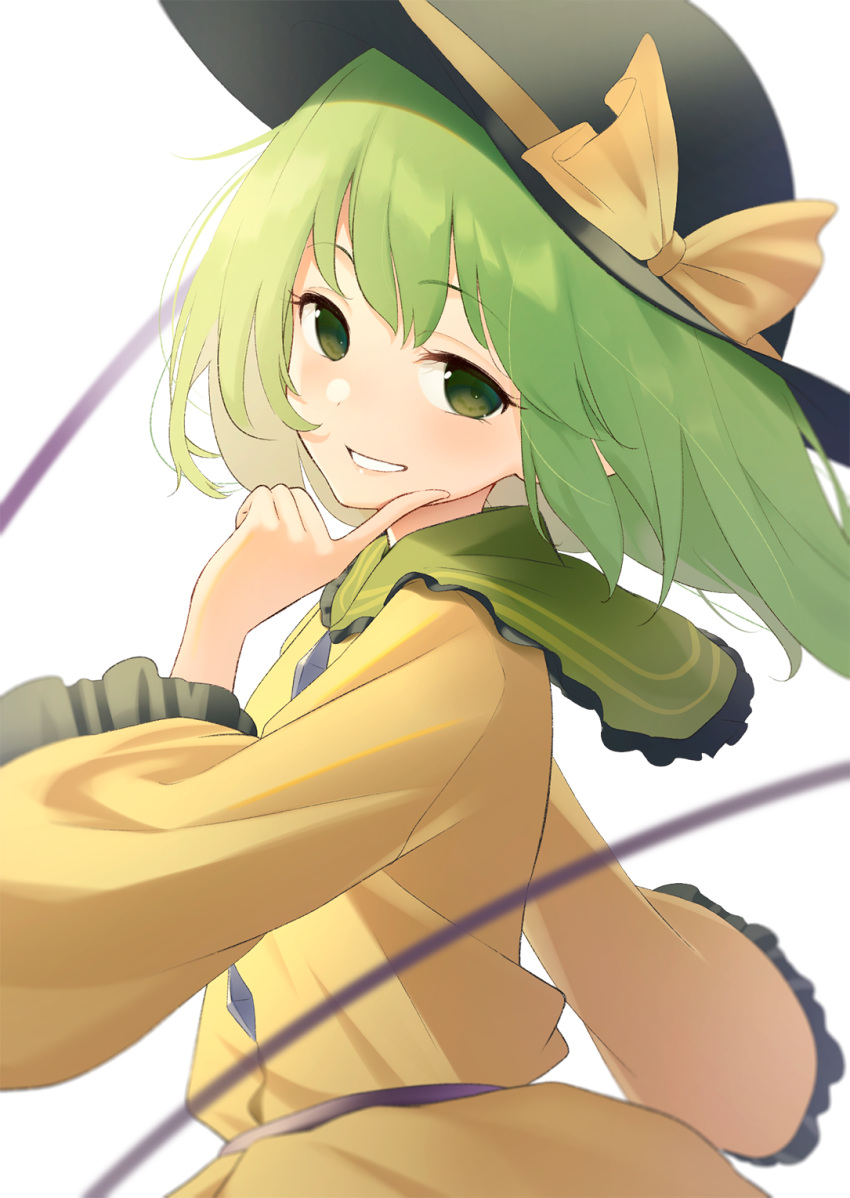 1girl arm_up black_headwear eyebrows_visible_through_hair finger_to_face frilled_sleeves frills from_side green_eyes green_hair hat hat_ribbon highres kanpa_(campagne_9) komeiji_koishi long_sleeves looking_at_viewer ribbon shirt short_hair simple_background solo standing touhou upper_body white_background wide_sleeves yellow_shirt