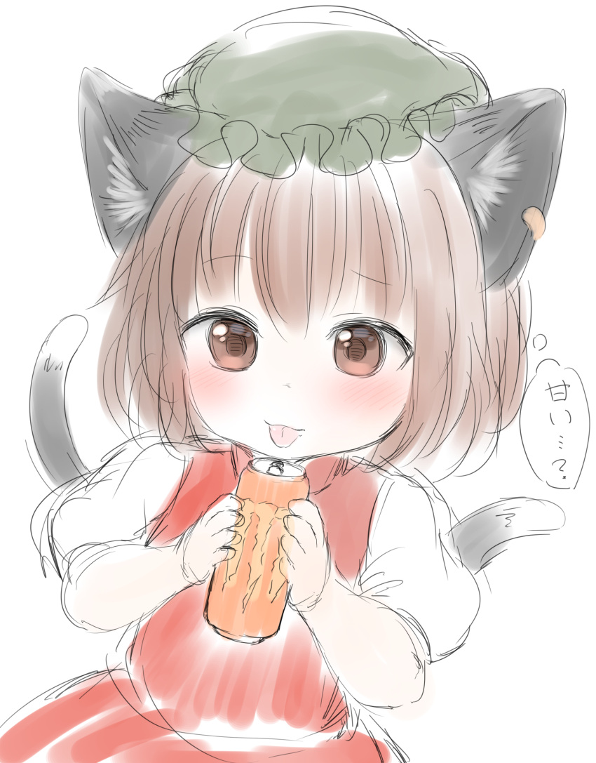 1girl :p animal_ear_fluff animal_ear_piercing animal_ears blush brown_eyes brown_hair can cat_ears cat_tail chen commentary_request dress earrings frills green_headwear hands_up hat highres holding holding_can jewelry looking_at_viewer mob_cap monster_energy multiple_tails nekomata niwaniwatori puffy_short_sleeves puffy_sleeves raised_eyebrow red_dress short_hair short_sleeves simple_background single_earring solo tail tongue tongue_out touhou two-handed two_tails upper_body white_background