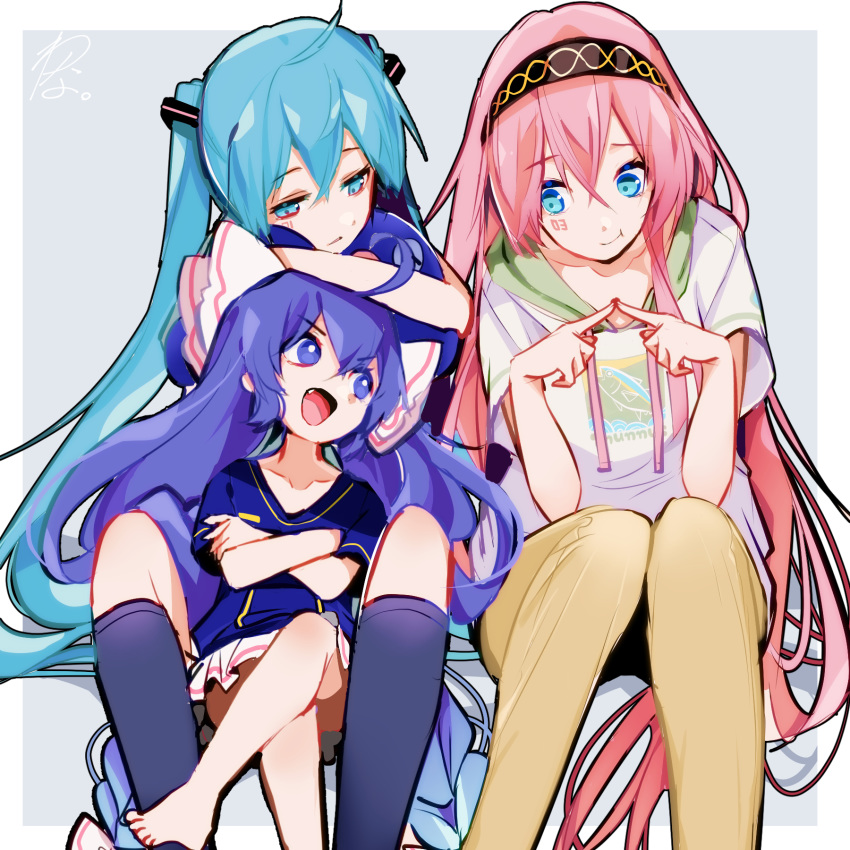 3girls aqua_eyes aqua_hair arm_on_head between_legs black_legwear blue_eyes blue_hair blue_headwear blue_shirt brown_pants commentary eel_hat expressionless fang fingers_together hair_ornament hairband half-closed_eyes hatsune_miku highres hood hoodie kneehighs large_hat long_hair looking_at_another megurine_luka miniskirt multiple_girls open_mouth otomachi_una pants pink_hair pleated_skirt pout shirt signature sitting skirt smile twintails v-shaped_eyebrows very_long_hair vocaloid wanaxtuco white_hoodie white_skirt