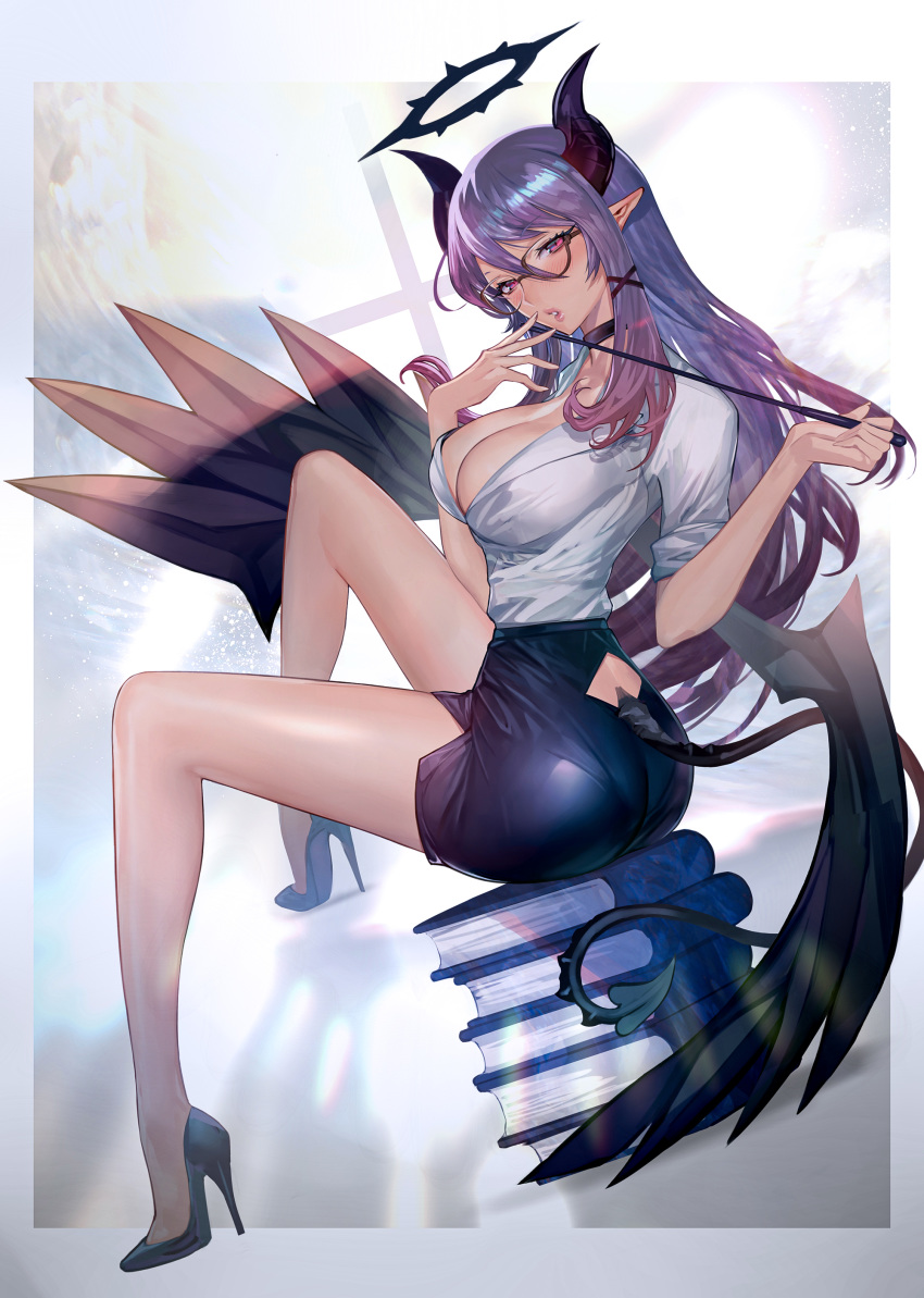 1girl :o absurdres book choker demon_girl glasses hair_ornament hairclip halo high_heels highres hitowa horns indoors long_hair looking_at_viewer looking_back miniskirt original pencil_dress pointy_ears red_eyes side_slit sitting skirt solo succubus tail tail_cutout window wings