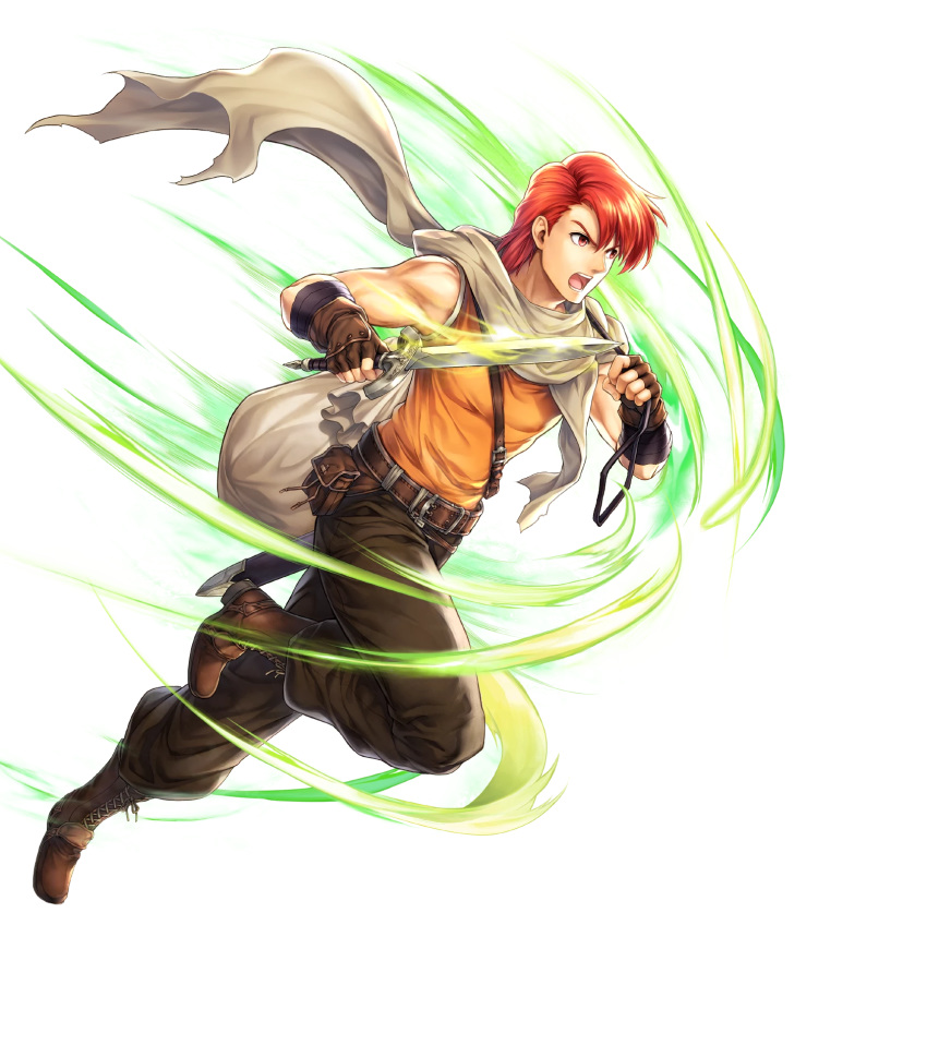 1boy aura bag belt boots dagger fingerless_gloves fire_emblem fire_emblem:_mystery_of_the_emblem fire_emblem_heroes full_body gloves highres julian_(fire_emblem) official_art open_mouth red_eyes redhead scarf solo teeth transparent_background weapon yamada_koutarou