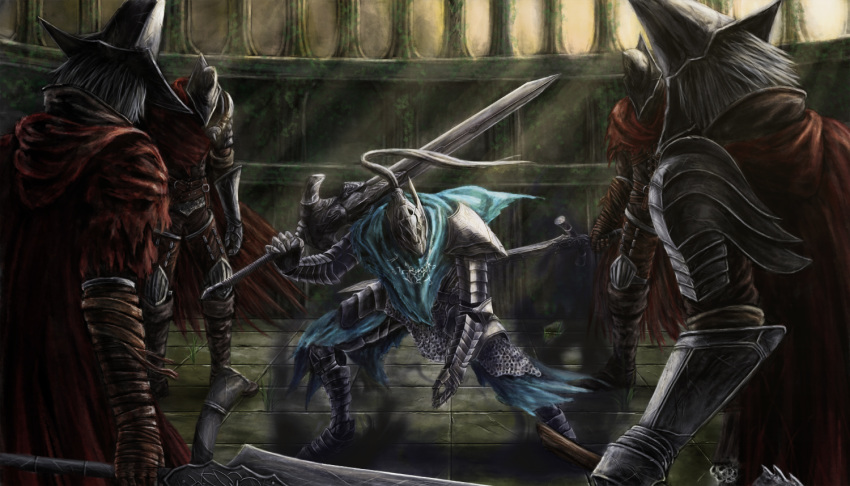 5boys abyss_watcher armor artorias_the_abysswalker bandaged_arm bandages battle boots cape chainmail dagger dark_souls dark_souls_iii dual_wielding gauntlets helmet holding holding_dagger holding_sword holding_weapon indoors knee_pads mmm_(mikito) multiple_boys pauldrons red_cape shadow shoulder_armor souls_(from_software) sword torn_cape torn_clothes vambraces weapon white_hair