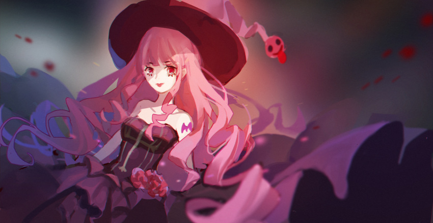 1girl bangs black_dress blurry_foreground breasts collarbone dress dywx_poison hat long_hair medium_breasts one_piece perona pink_hair pink_headwear red_eyes red_lips sleeveless sleeveless_dress solo strapless strapless_dress very_long_hair witch_hat