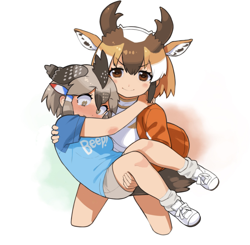 2girls animal_ears arm_around_neck bare_arms bare_legs bike_shorts bird_tail black_hair blush brown_eyes brown_hair carrying closed_mouth clothes_writing cropped_legs embarrassed extra_ears eyebrows_visible_through_hair greater_roadrunner_(kemono_friends) grey_eyes grey_hair hair_tubes hand_on_another's_shoulder hand_on_another's_thigh highres horizontal_pupils horns jacket kemono_friends light_brown_hair looking_at_viewer looking_down multiple_girls nose_blush princess_carry pronghorn_(kemono_friends) rinx shirt shoes short_hair short_sleeves sidelocks simple_background smile sportswear t-shirt tail tearing_up v-shaped_eyebrows white_background white_hair