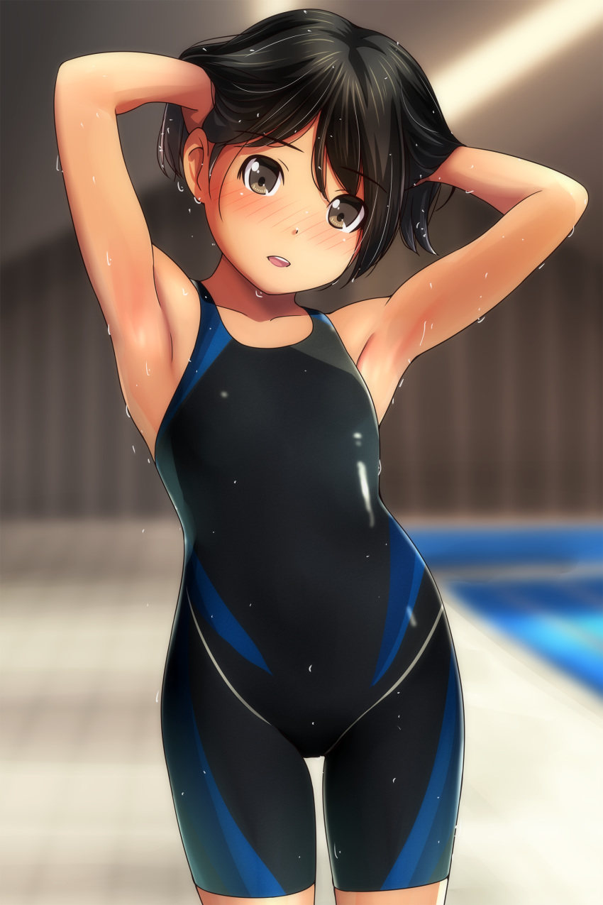 1girl absurdres armpits arms_up bare_arms bare_shoulders black_hair blurry blurry_background blush brown_eyes collarbone cowboy_shot depth_of_field hands_in_hair highres indoors looking_at_viewer matsunaga_kouyou nose_blush original parted_lips solo standing upper_teeth wet wetsuit