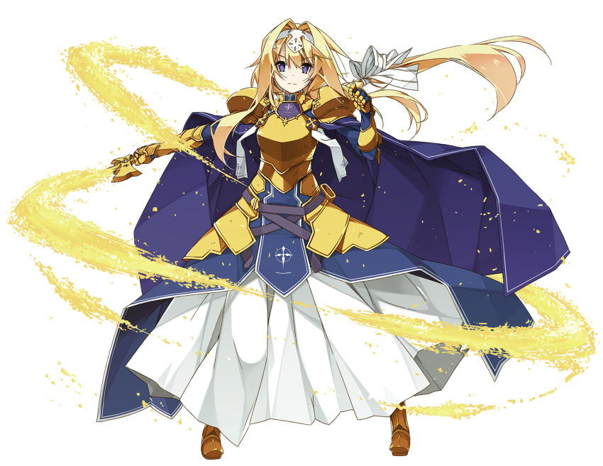 1girl alice_schuberg armor armored_boots bangs blonde_hair blue_dress blue_eyes boots braid breastplate commentary_request cross dress eyebrows_visible_through_hair floating_hair frown full_body gauntlets gold_armor hair_intakes hair_ribbon hairband highres holding holding_sword holding_weapon long_hair looking_at_viewer low-tied_long_hair ribbon shikei shoulder_armor shoulder_plates simple_background solo sword sword_art_online very_long_hair weapon white_background white_hairband